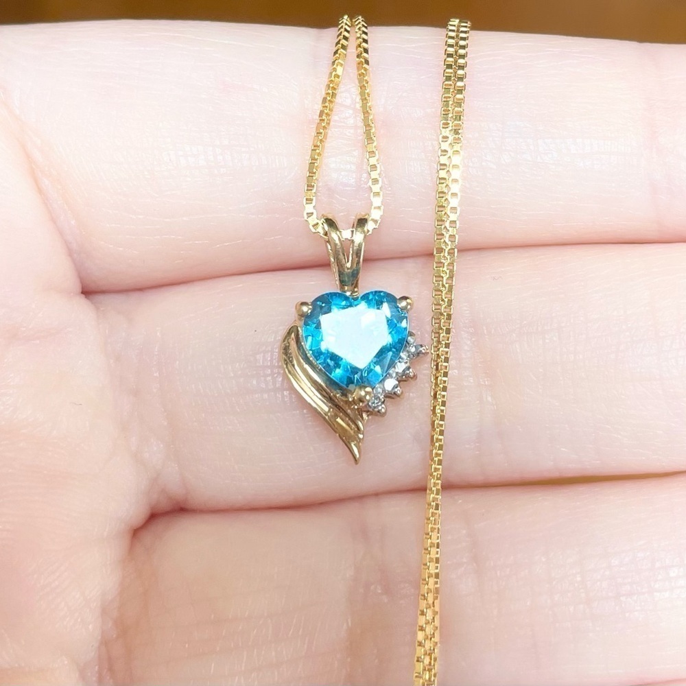 london blue topaz heart cut 10k solid yellow gold open heart diamond pendant - Picture 4 of 9